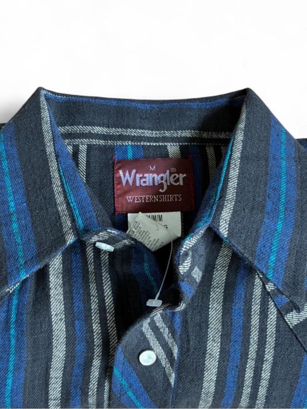 New Wrangler Pearl Snap Striped Western Shirt Navy Blue Gray Cowboy button up M